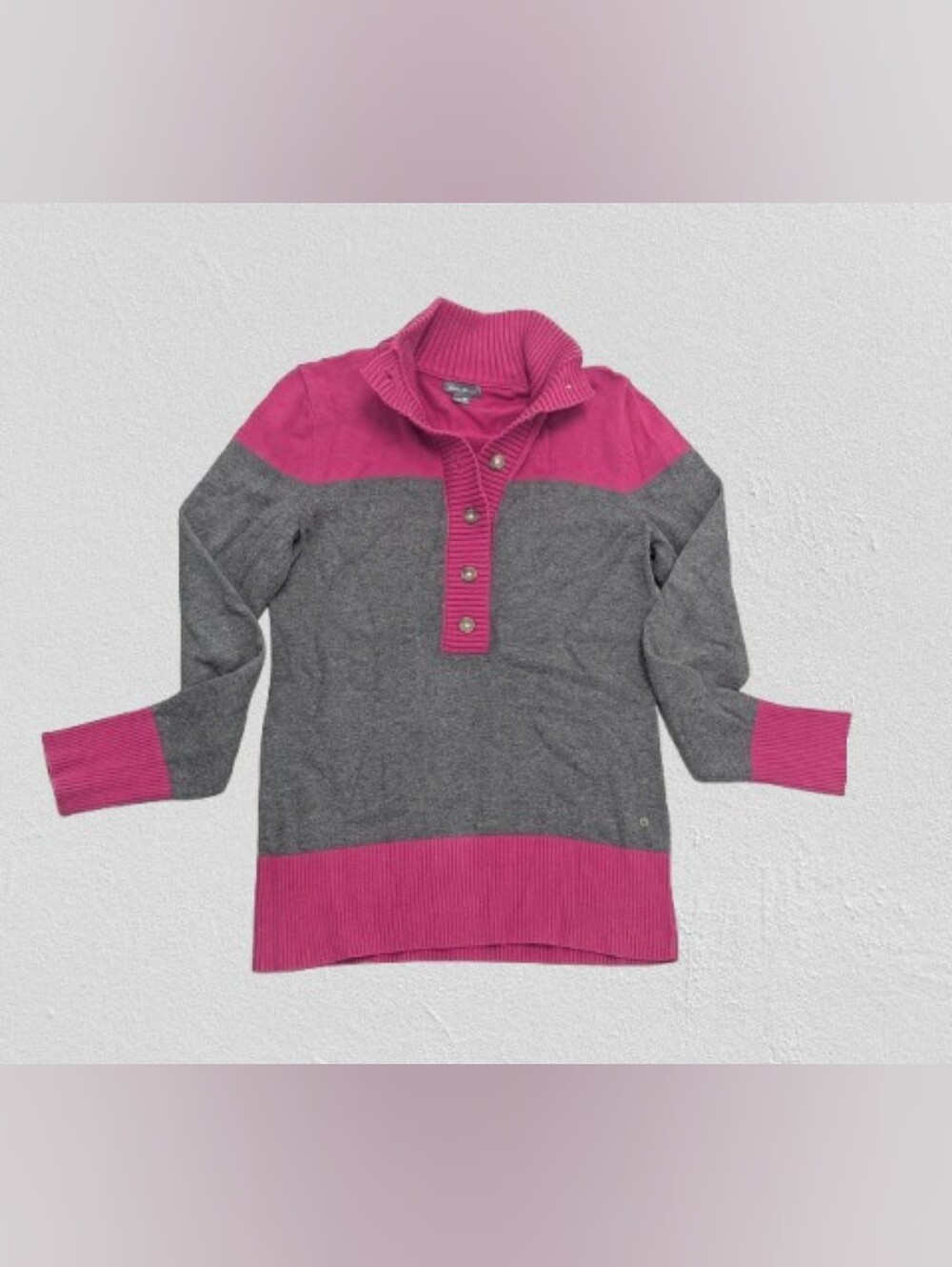 Eddie Bauer Gray and Pink Ribbed Cowl Button Pullover